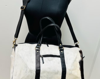 Western Leather Duffle Bag with Hair On Hide:  18" Weekender Gym Bag