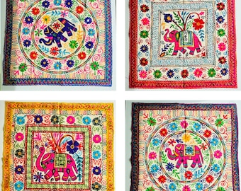 Hand Embroidered Square Tablecloth with Elephant | Indian Table Cloth | House Warming Gift | Wall Hanging | Wall Art | Gift