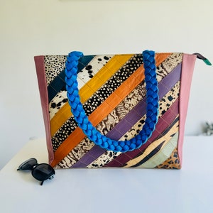 Colourful Leather Tote Bag with Animal Print | Unique Leather Bag | Statement Bag | Shoulder Bag | Reversible Tote Bag | Gift for Her |