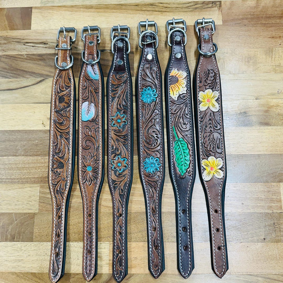 Hand Carved Leather Dog Collar Padded: Hand Painted Designs, Sunflower ...