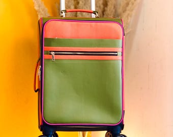 Recycled Leather Cabin Suitcase: Handcrafted Spinner Carry On Luggage, Colorful Sustainable Travel Bag, Rolling Weekend Bag