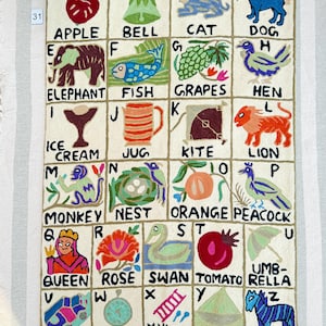 Hand-Embroidered Alphabet Tapestry Portrait: Wool Crewel ABC Wall Hanging Nursery Decor