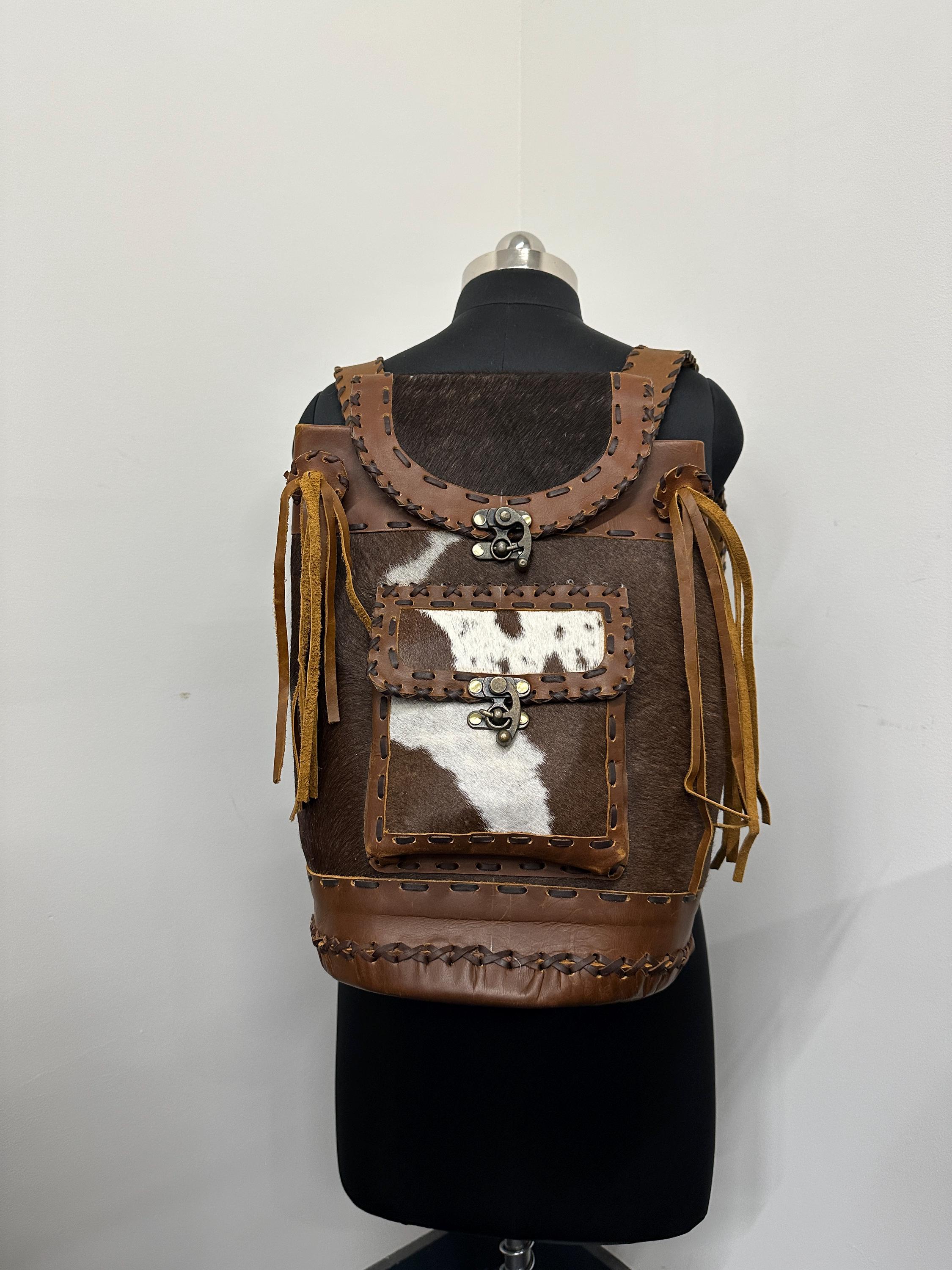 Boho Fringe Cowhide Upcycled Backpack Handcrafted Leather and Cowhide Crossbody Bag with Fringe  main image 3