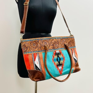 Hand Tooled Leather Tote with Boho Flair | Leather Bag with Aztec Print | Carpet Bag | Large Western Style Bag | Leather Blanket Bag