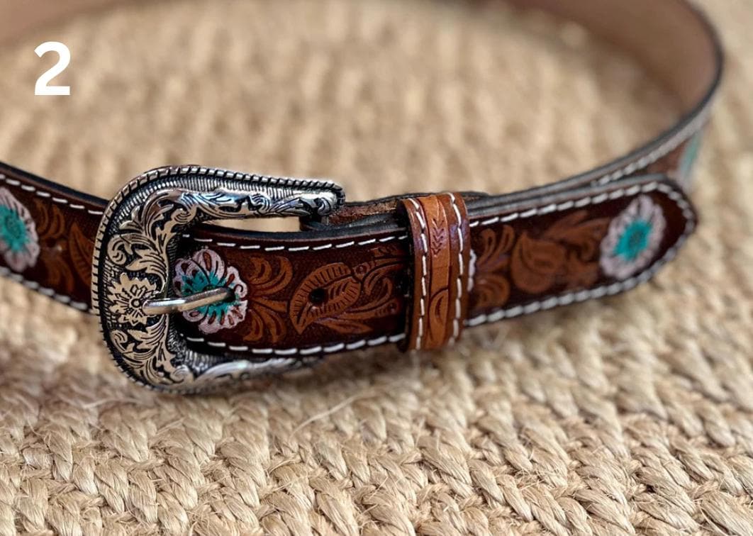 Cintura Western In Pelle Lavorata A Mano Con Fibbia - Larghezza 1.5" (38mm) - Floreale