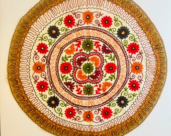 Hand-Embroidered Round Tablecloth with Flowers | Indian Table Cloth | House Warming Gift | Wall Art | Gift for Her |