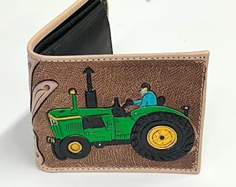 Hand Carved Leather Bi-Fold Wallet: Green Tractor, Floral, Sunflower, Playing Cards, Acorn, Arrow Various Designs