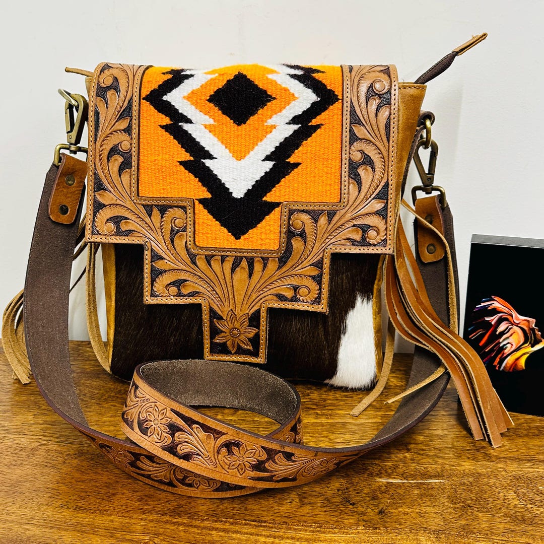 Hand Tooled Leather Shoulder Bag: Western Aztec Print Leather Bag