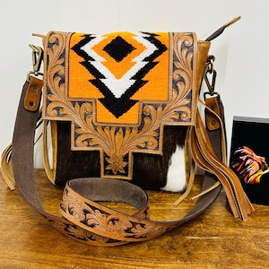 Hand Tooled Leather Cowhide Shoulder Bag: Western Aztec Blanket