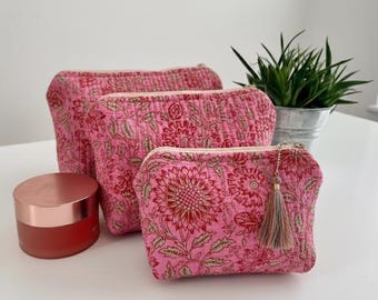Handmade Quilted Cotton Toiletry Bag Set: Bathroom Bags with Animal Print and Floral Design