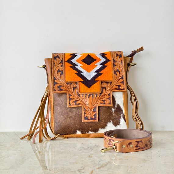 Kilim Style Southwestern Woven Backpack Sling Bag with Tan Leather Trim Mexican Tan Leather Woven Kilim Backpack / Ethnic / Ikat  main image 2