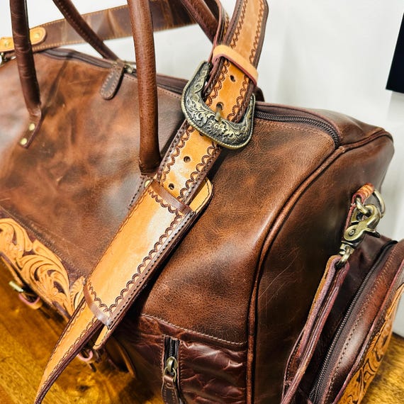 Western Style Leather Duffel Bag: Weekender Bag with Hand Tooled Leather