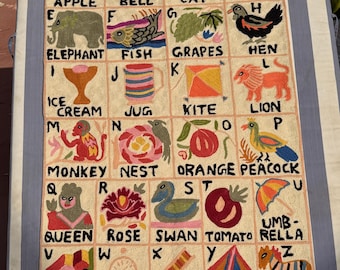 Handmade Alphabet Tapestry Portrait with Pink Pastel Colours: Wool Crewel ABC Nursery Wall Hanging
