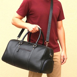 Black Cowhide Leather Duffel Bag: Snake Skin Effect, Weekender Carry-On