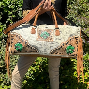 Western Style Leather and Hide Duffle Bag with Tassels | Hand Made Western Leather Weekender Bag | Leather Duffel Bag |