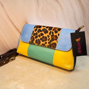 Colour Block Leather Crossbody Bag: Recycled Leather, Cowhide Leopard Print, Adjustable Strap