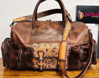 Handgesneden leren XL-plunjetas: extra grote weekendtas in westernstijl