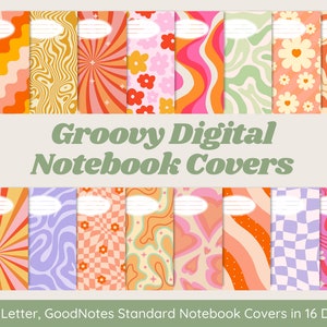 Groovy Retro Notebook Digital Notebook Covers | 16 Cute Fun Designs | A4, US Letter, GoodNotes Standard | Note taking | Notability
