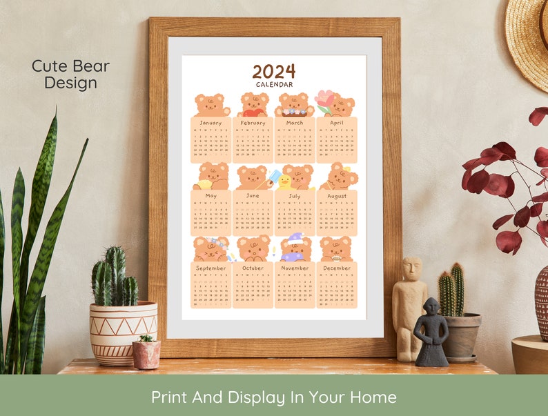 Kawaii Bear 2024 Year Overview Calendar Cute Print Kawaii Aesthetic ...