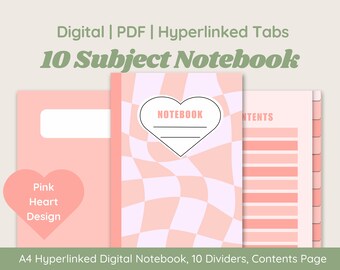 10 Subject Digital Notebook | Hyperlinked Tabs | Pastel Pink Wavy Heart | Goodnotes Notebook | 10 Dividers | Hyperlinked Contents Page