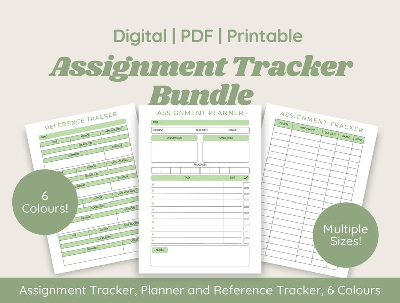 May include: A digital printable bundle of assignment trackers, planners, and reference trackers. The bundle includes six different colors and multiple sizes. The trackers are designed to help students stay organized and on top of their assignments.