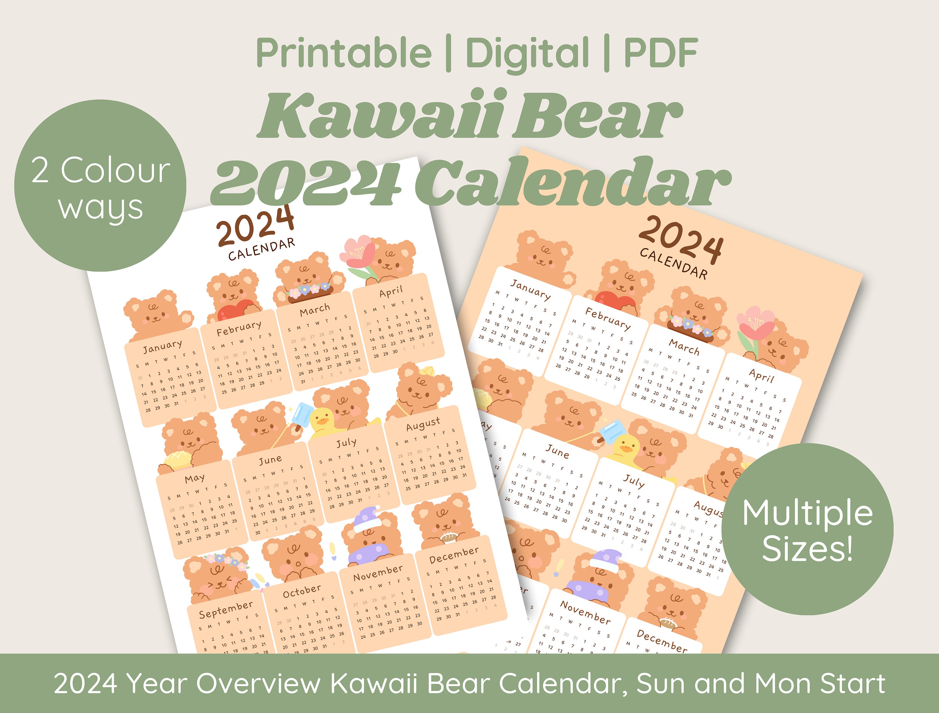Kawaii Bear 2024 Year Overview Calendar Cute Print Kawaii Aesthetic ...