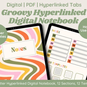Groovy Retro Digital Notebook | Hyperlinked Journal | 12 Sections, Lined, Grid, Dotted, Blank, Cornell | iPad | Goodnotes, Notability, Xodo
