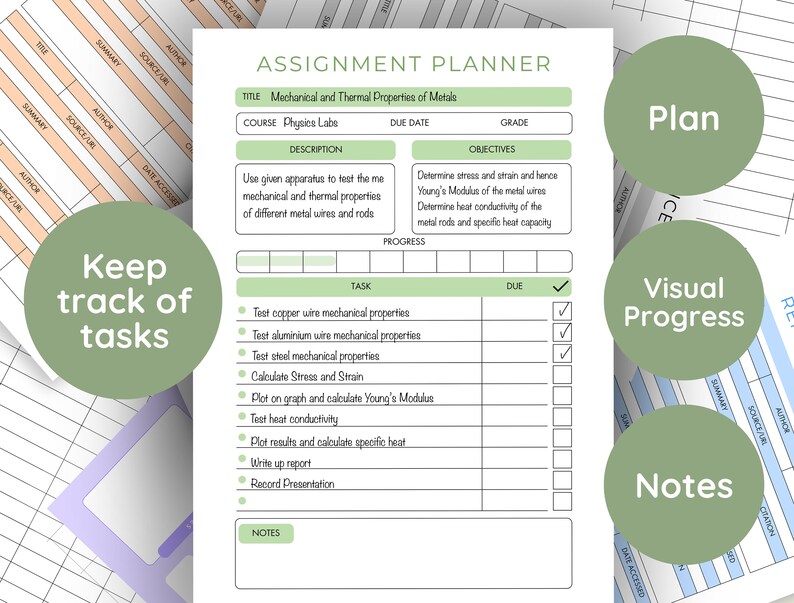 May include: A green and white printable assignment planner with the title "Assignment Planner" and the subtitle "Mechanical and Thermal Properties of Metals". The planner includes sections for "Description", "Objectives", "Progress", "Task", "Due", "Plan", "Visual Progress", and "Notes".