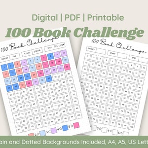 100 Book Challenge Printable PDF | Book Rating | Reading Tracker Log | Dotted, Plain, A4, A5, US Letter | Printable Bullet Journal Insert
