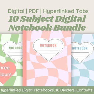 May include: Three digital notebook covers with a checkered pattern in green, pink, and blue. Each cover features a heart-shaped sticker with the word "NOTEBOOK" written inside. The text "Three Colours" is written in pink on the green cover. The text "A4 Hyperlinked Digital Notebooks, 10 Dividers, Contents Page" is written at the bottom of the image.