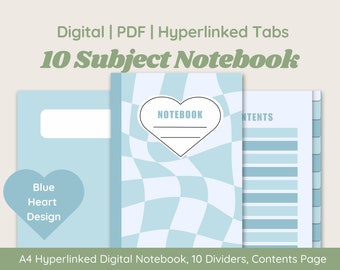 10 Subject Digital Notebook | Hyperlinked Tabs | Pastel Blue Wavy Heart | Goodnotes Notebook | 10 Dividers | Hyperlinked Contents Page