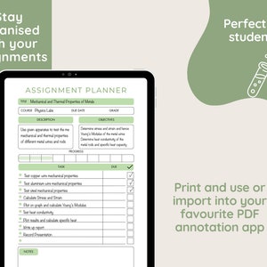 May include: A printable assignment planner with a green background and a checklist for a physics lab on the mechanical and thermal properties of metals. The planner includes a title, course, due date, grade, description, objectives, task, due, and notes sections.