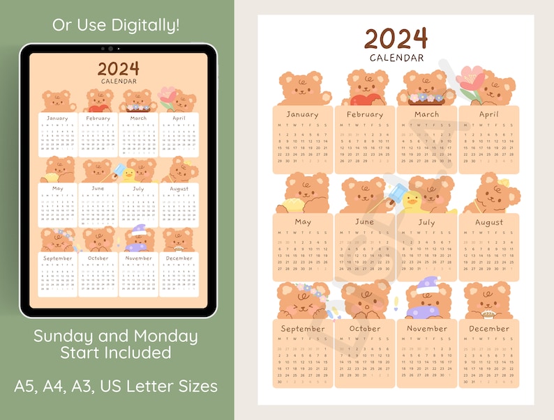 Kawaii Bear 2024 Year Overview Calendar Cute Print Kawaii Aesthetic ...