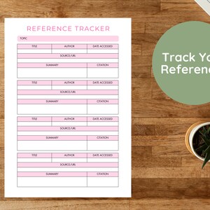 May include: A printable reference tracker with pink headings and a green circle with the text "Track Your References". The tracker has columns for topic, title, author, source/URL, date accessed, summary, and citation.