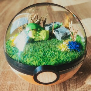 Op de afbeelding: Een glazen terrarium met koepel, met een groen en bruin Pokémon-figuurtje, groen mos en kleine stenen. Het terrarium staat op een houten voet.