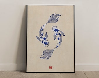 Koi Fish Illustration: Japandi Wall Art Print (Digital Download)