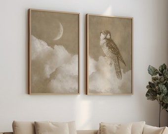 Owl and moon wall art, set of 2, Moon wall art, Beige wall art, moon decor, owl and moon art, owl wall art, Owl Clouds moon illustration