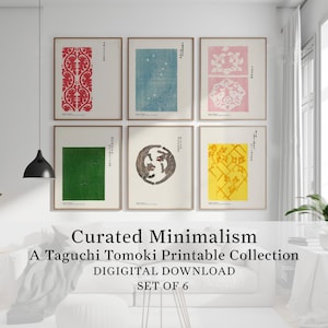Puede incluir: Seis impresiones artísticas enmarcadas con diseños minimalistas en rojo, azul, rosa, verde, marrón y amarillo. Las impresiones son parte de la colección "Curated Minimalism" de Taguchi Tomoki, disponible como descarga digital, juego de 6.