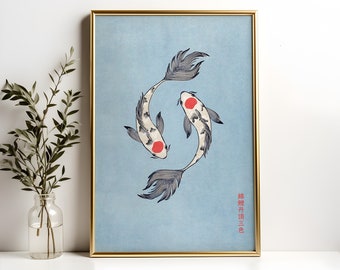 Tancho Sanke Koi Fish Art Print, Japanse illustratie (digitale download)