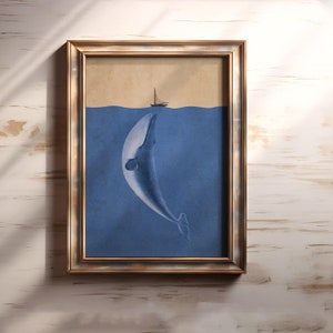 Impresión de ballena en barco de vela, arte de pared vintage de ballena azul, ilustración retro de ballena, póster del océano, arte náutico de ballena, decoración costera del hogar
