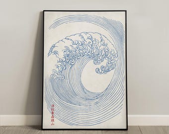 Vintage Japanese Wave Print from 1903 Hamonshu Book, by Mori Yuzan, - line art Japandi blue beige poster, wabi sabi art (Digital Download)