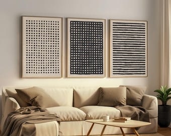 Minimalist Black Ink Wall Art, Set of 3 Abstract Beige black Line Art Prints, Neutral Geometric art, Boho decor, Scandi wall art prints
