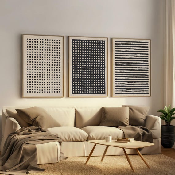Minimalist Black Ink Wall Art, Set of 3 Abstract Beige black Line Art Prints, Neutral Geometric art, Boho decor, Scandi wall art prints