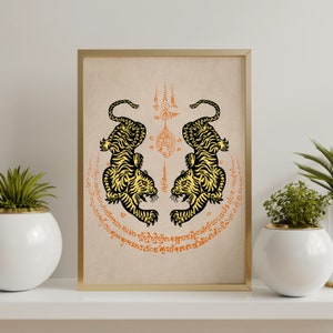 Tiger art print, Thai traditional Talisman Tiger Leap, tigers pair, strength protection affirmation, tiger art, Thai tattoo, tiger poster