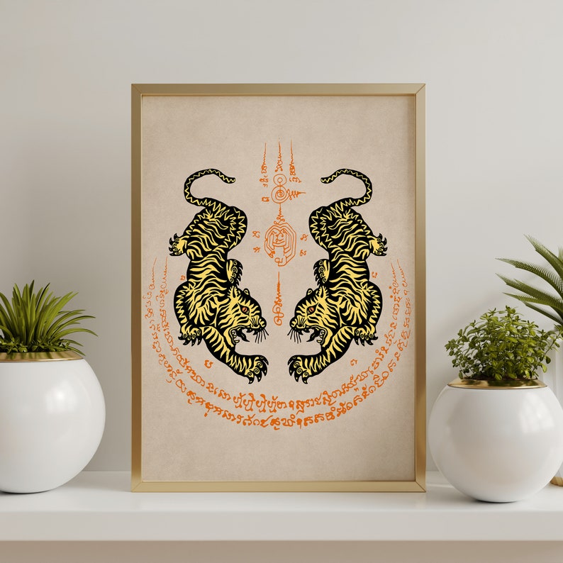 Tiger art print, Thai traditional talisman tiger leap tattoo, strength and  protection affirmation, 
tiger wall art, Thai tattoo, tiger poster, yellow black tiger print