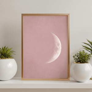 Luna rosa, fase lunar imprimible de media luna creciente, impresión de la luna, decoración del hogar rosa, arte de la pared de la luna, cartel de la luna rosa, arte de la pared rosa, arte de la impresión rosa