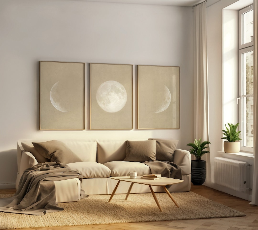 Set of 3 Digital Beige Lunar Phases Wall Art Decor, Minimal Moon Beige ...