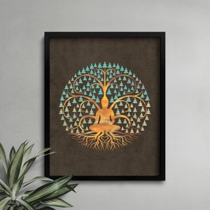 May include: A brown background with a tree of meditating figures in shades of blue and green. The tree has a large meditating figure at the center with a golden glow. The tree has roots that extend out from the center figure.