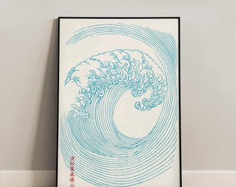Puede incluir: Impresión enmarcada que presenta una representación estilizada de una gran ola oceánica en tonos azules sobre un fondo crema. La obra de arte, que recuerda a las xilografías japonesas, incluye líneas arremolinadas y texto en la esquina inferior izquierda.
