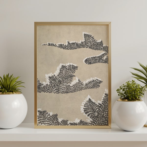 Japandi botanical wall art, Vintage botanical Fern bushes, Neutral Beige black white fern  print, Wabi sabi fern art, Botanical boho art